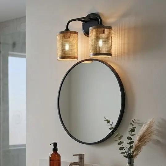 Quell - Double Light Vanity With Natural Shade Wall Lamp - Black / Rattan by Unique Piece Furniture
