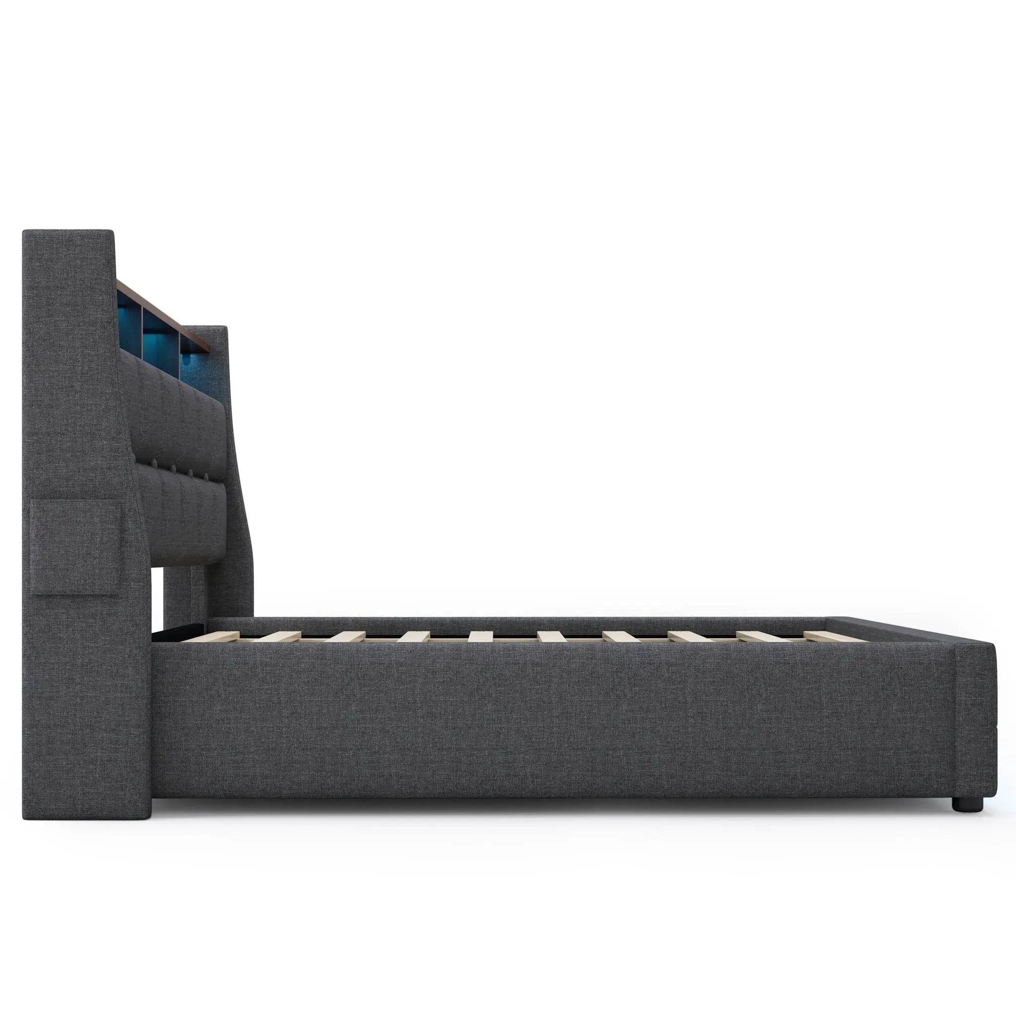 Platform Bed With Hydraulic Storage, LED Lighting & Charging Station by HouseOfZazla