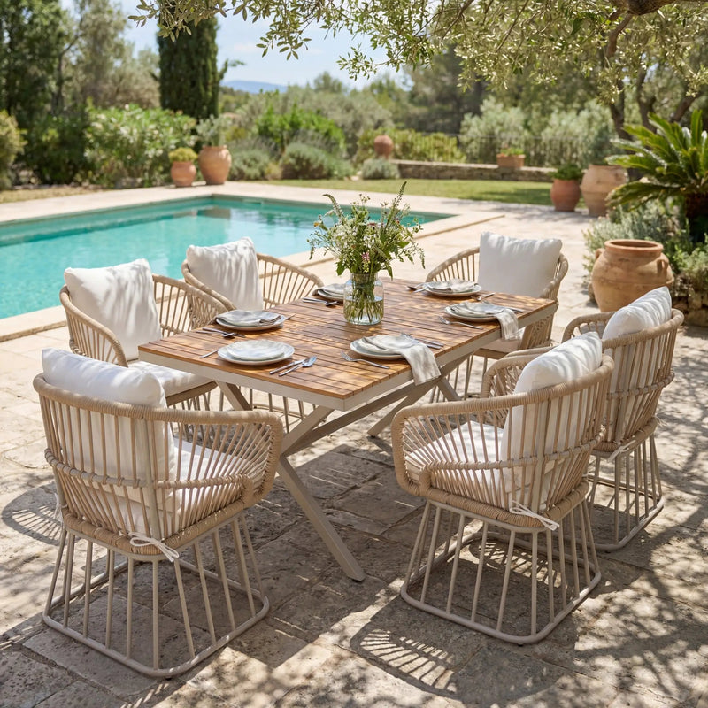 Outdoor 7-Piece Dining Set - Rectangular Teak Wood Table + 6 Wicker Chairs by HouseOfZazla