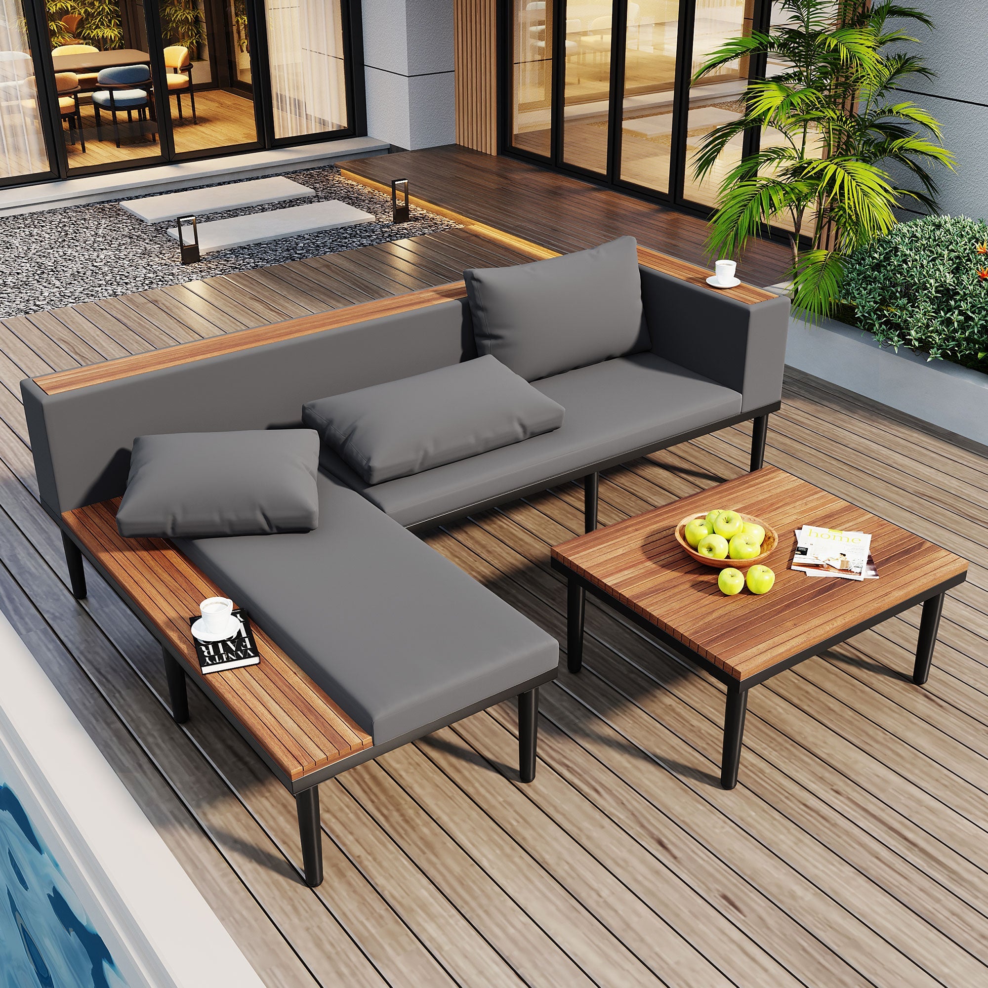 Luxury L-Shaped Acacia Wood Outdoor Sectional Sofa Set by HouseOfZazla