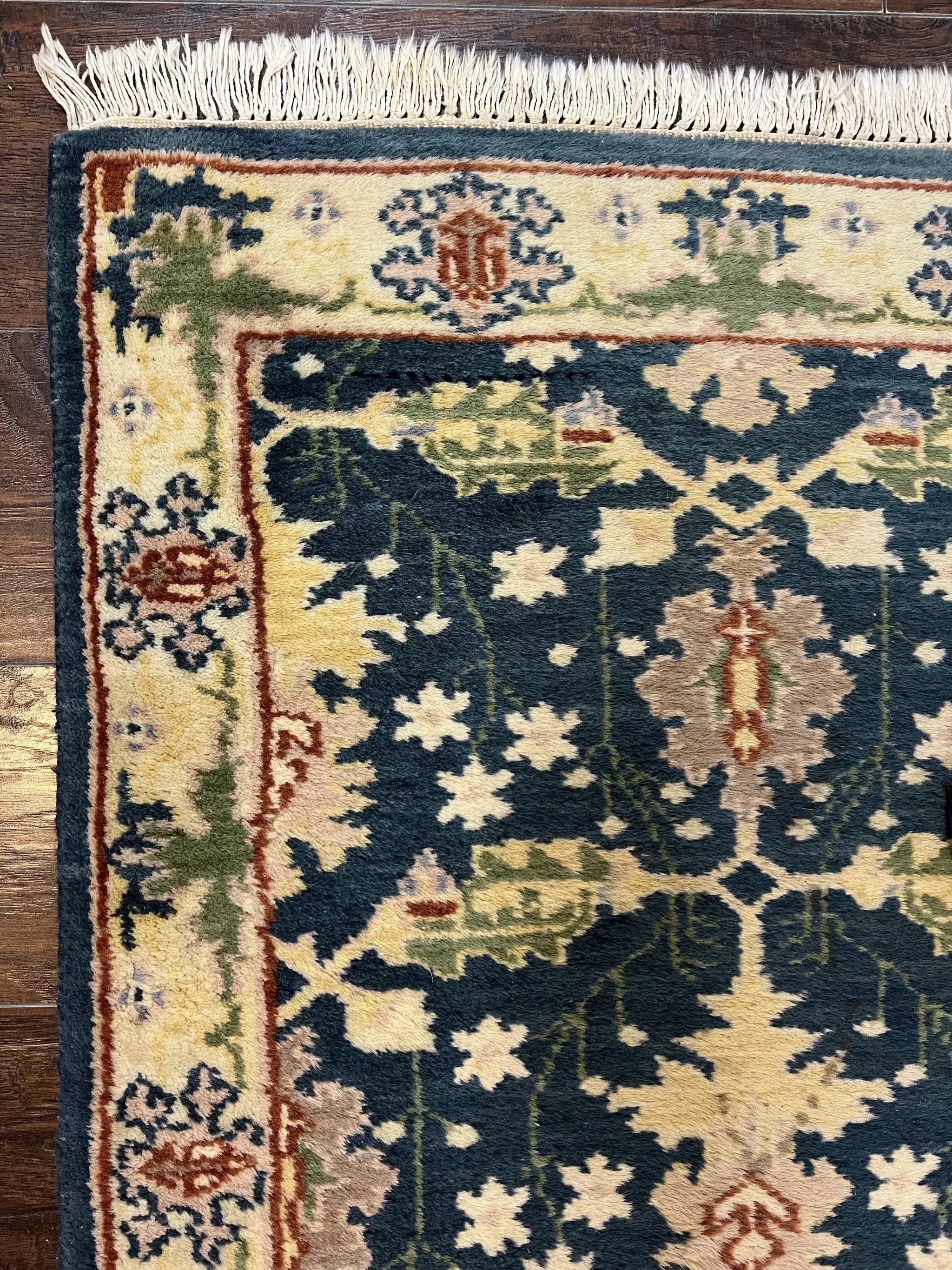 Indian Runner Rug 2.6 x 12, Navy Blue Beige Oriental Runner Rug 12ft Long, Narrow Hallway Runner, Wool Hand Knotted Indo Persian Mahal Rug by Jewel Rugs