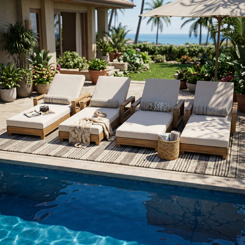 Acacia Wood Patio Chaise Lounge with Adjustable Backrest - Cream Cushion, photo 8 of 10
