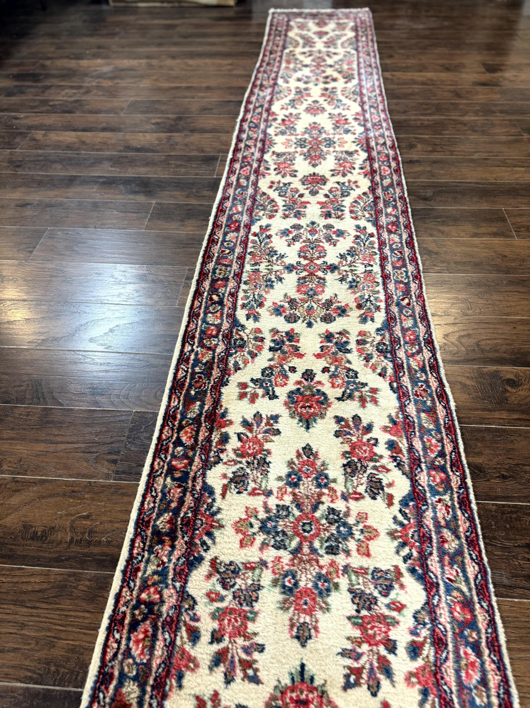 Persian Sarouk Runner Rug 2.4 x 21, Handmade Wool Floral Runner Rug for Hallway, 21ft Runner, Ivory by Jewel Rugs