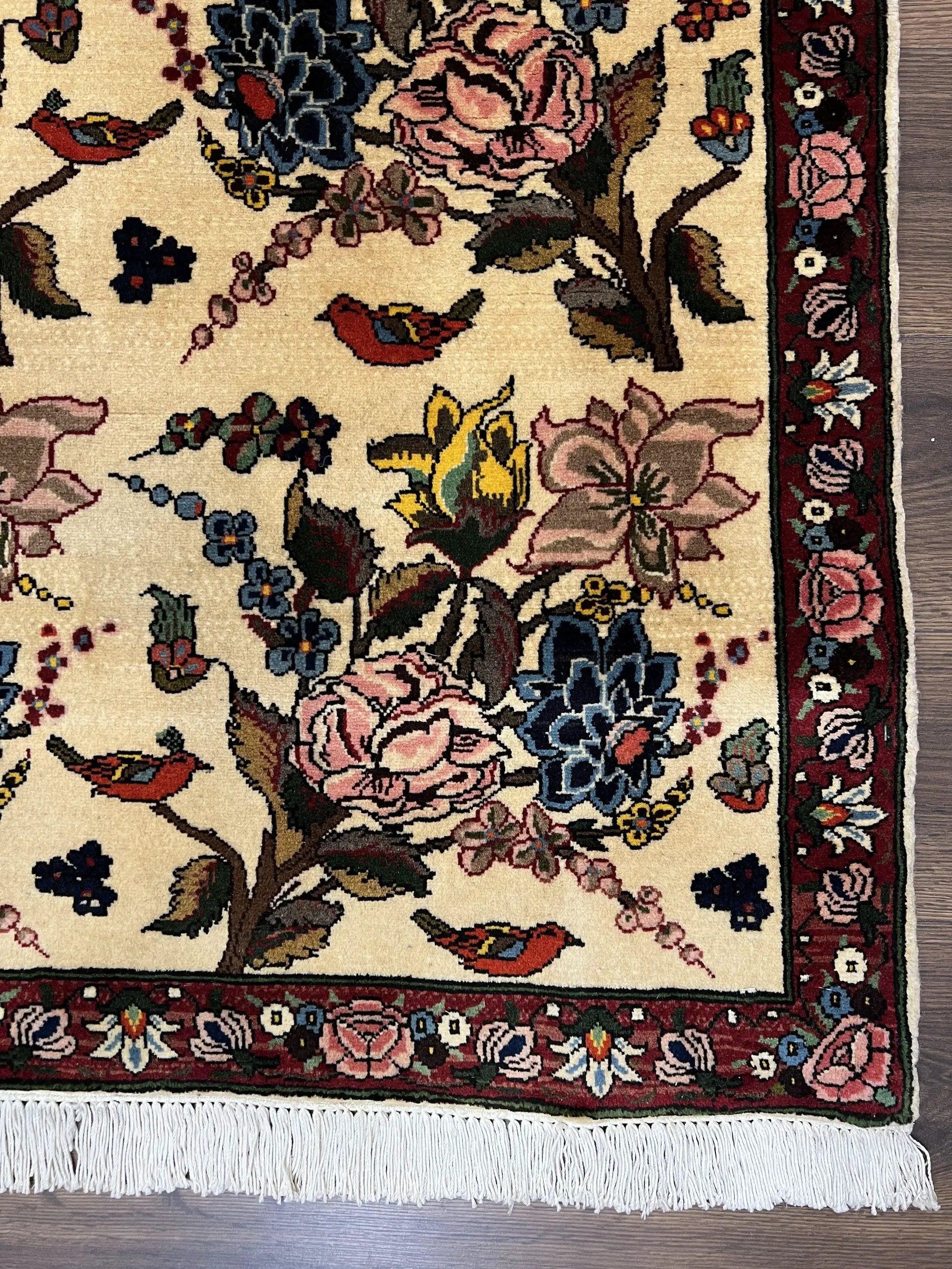 Persian Bidjar Rug 3.6 x 5 ft, Repeated Floral Motifs, Roses and Birds, Cream Burgundy, Fine Wool Oriental Bijar Carpet, Vintage Traditional Area Rug by Jewel Rugs