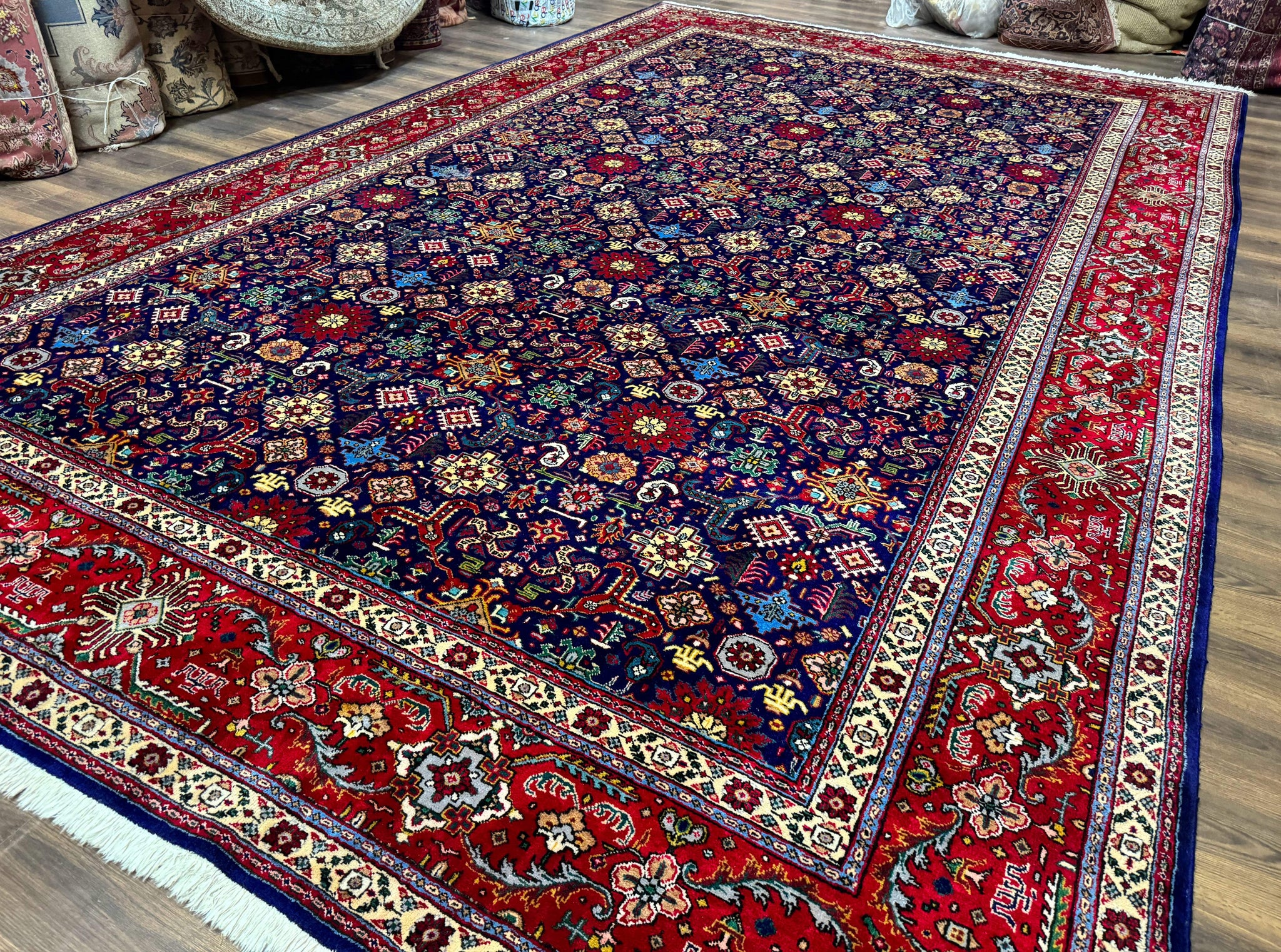 Large Persian Tabriz Rug 10x16, Navy Blue and Red, Allover Pattern, Vintage Hand Knotted Wool Carpet by Jewel Rugs