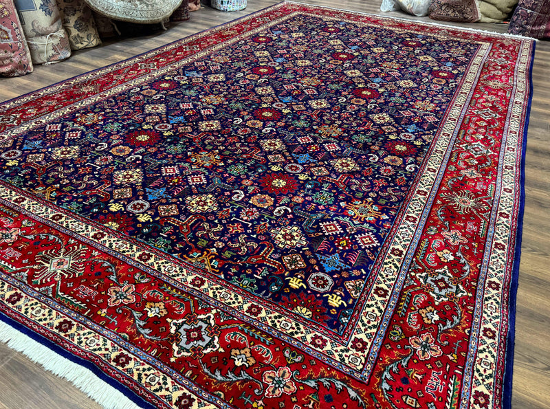 Large Persian Tabriz Rug 10x16, Navy Blue and Red, Allover Pattern, Vintage Hand Knotted Wool Carpet by Jewel Rugs