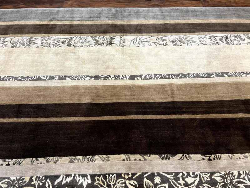 Modern Tibetan Nepali Rug 8x12, Stripe Pattern, Wool with Silk Highlights, Handmade, Beige Tan Brown by Jewel Rugs