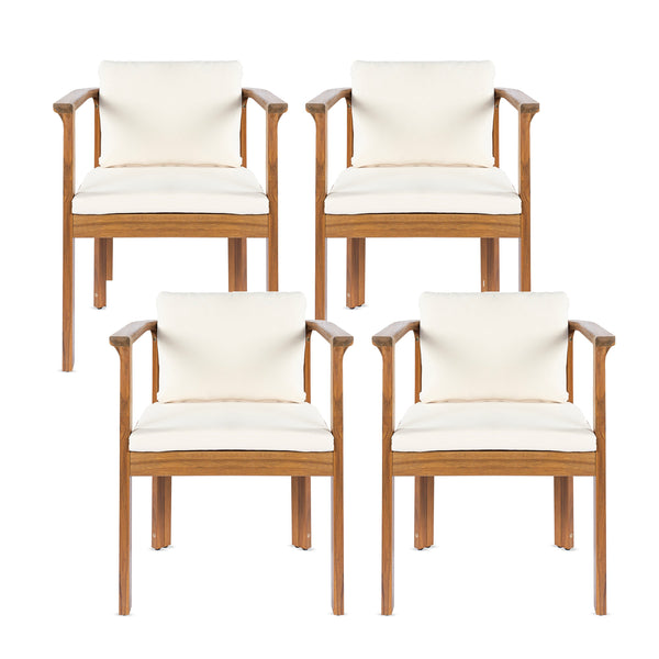 Outdoor Dining Chair Set of 4 with Curved Acacia Wood Arms and Cream Cushions