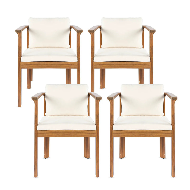 Outdoor Dining Chair Set of 4 with Curved Acacia Wood Arms and Cream Cushions by HouseOfZazla