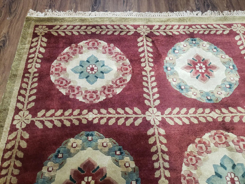 Nepalese Aubusson Panel Rug 6x9, Red & Ivory Soft Plush Tibetan Pile Rug, Wool Hand-Knotted Carpet, 6 x 9 Elegant Area Rug, Office Room Rug by Jewel Rugs
