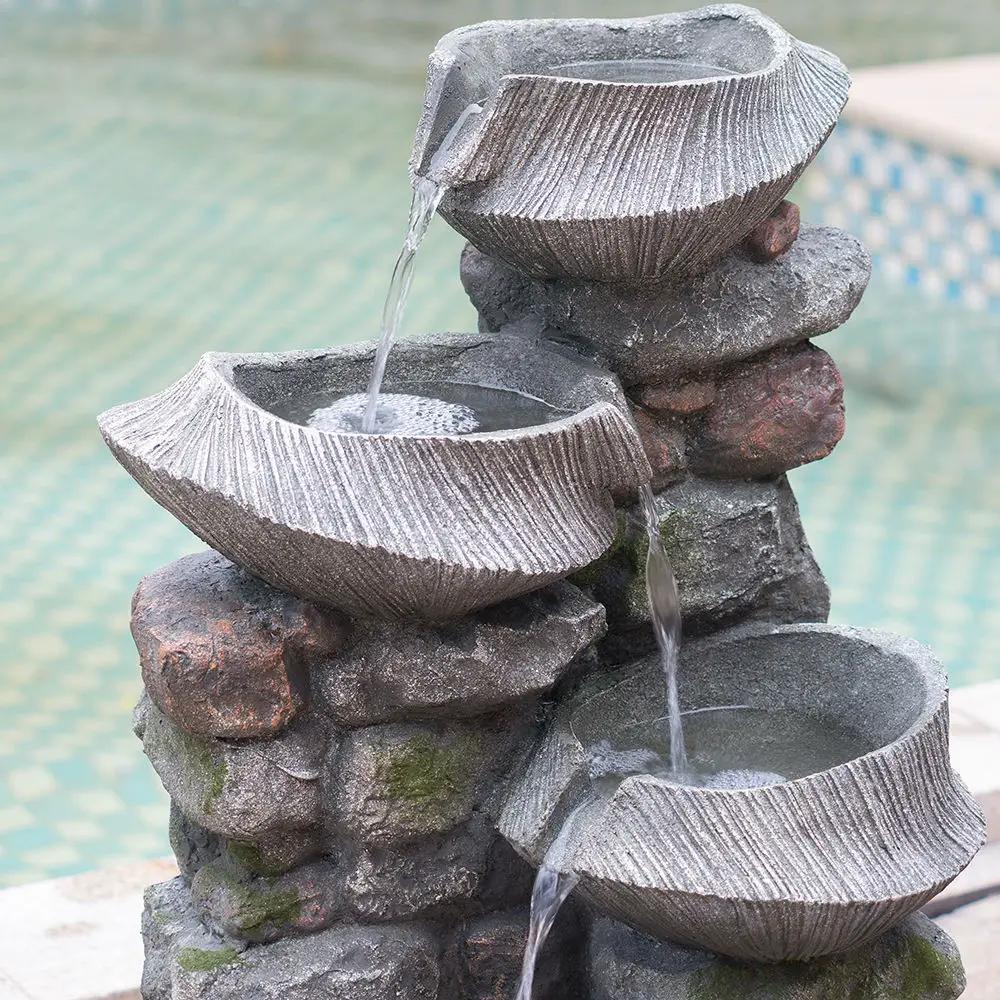 Indoor Outdoor Stone Water Fountain, 4 Tier Polyresin Cascading Rock Bowl Freestanding Fountain With LED Ligh - Gray by Unique Piece Furniture