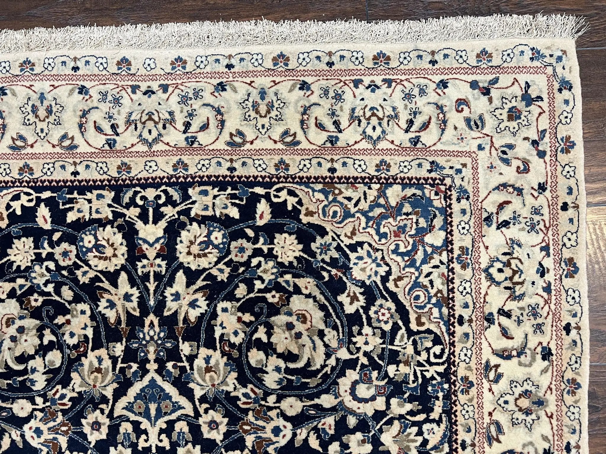 Very Fine Persian Nain Rug 3.7 x 6, Floral Medallion, Wool and Silk Accents, Highly Detailed, Hand Knotted Oriental Carpet, Navy Blue Ivory/Cream by Jewel Rugs