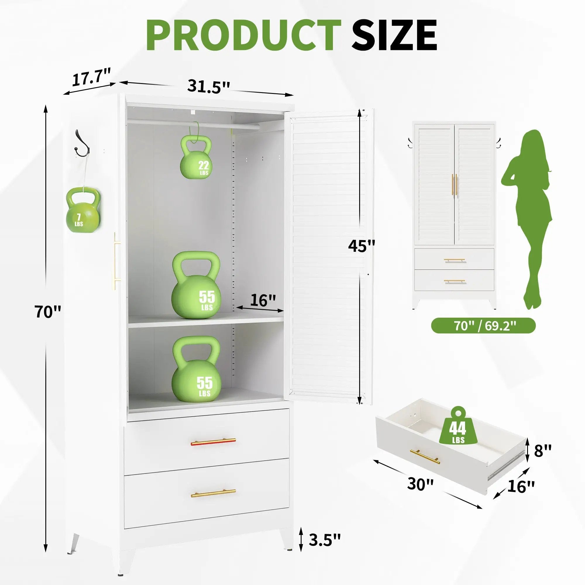 White Metal Wardrobe Closet with 2 Doors and Drawers by HouseOfZazla