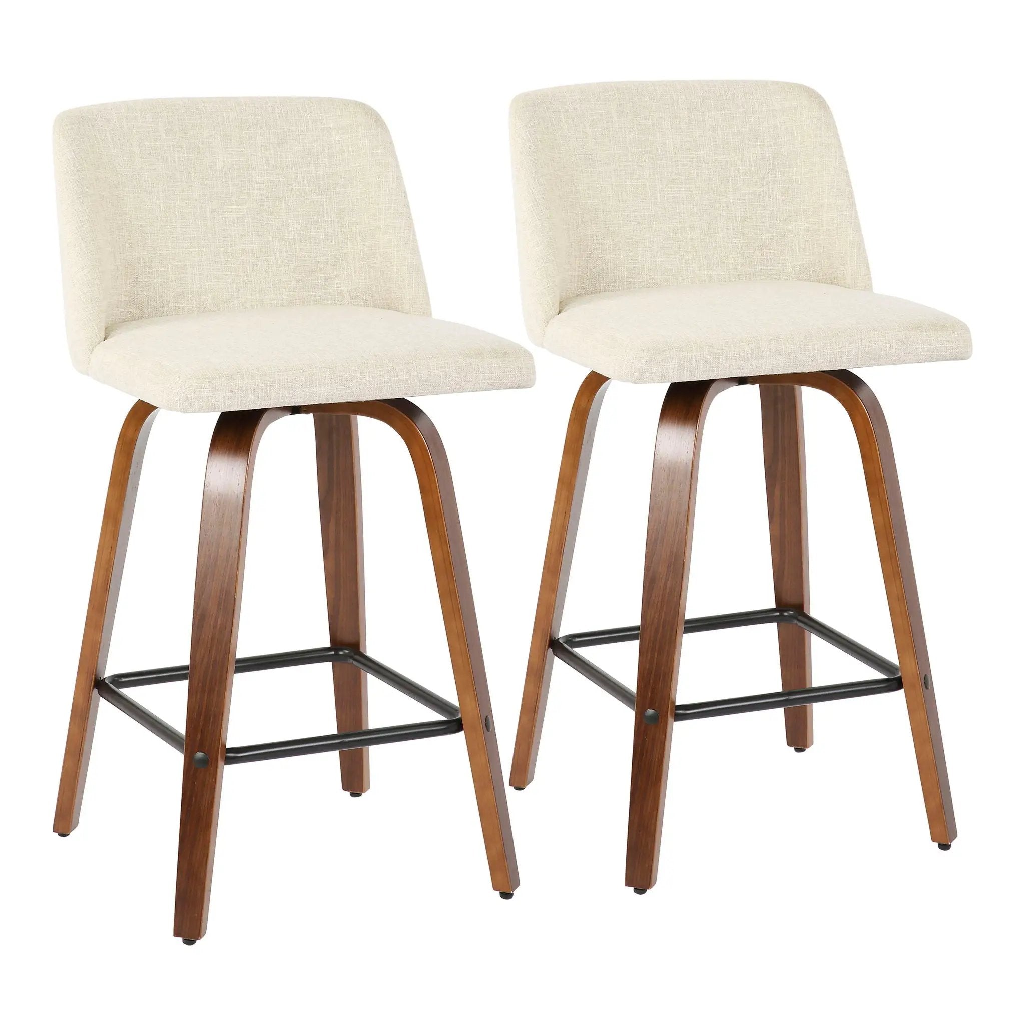 Toriano - Mid-Century Modern Counter Stool, Square Footrest (Set of 2) - Walnut / Cream by HouseOfZazla