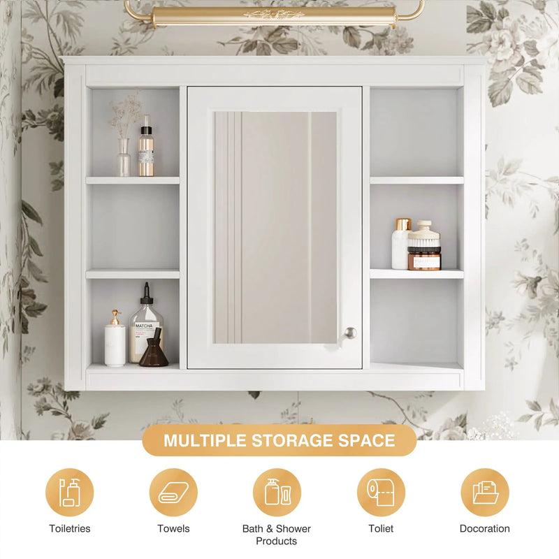 Wall Mounted Medicine Cabinet With Mirror, Storage Cabinet Featuring 6 Open Shelves And Adjustable Interior by Unique Piece Furniture