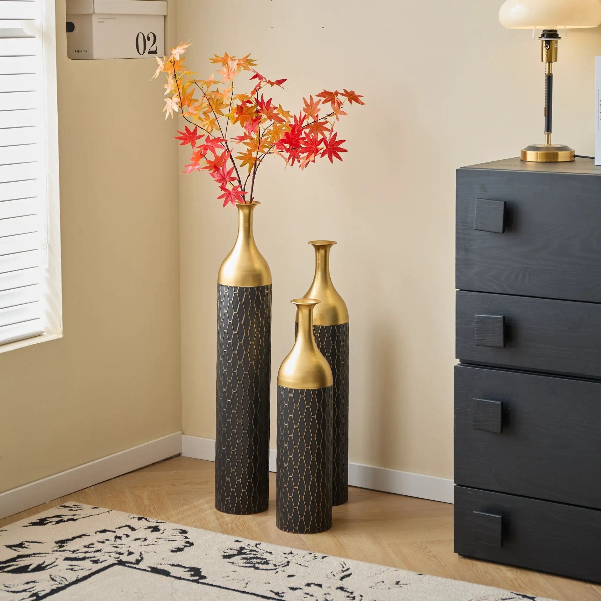 Elegant Floor Vase Set Metal Decorative Vases 3 Piece Set For Floral Display, Wedding & Gift Decor - Gold / Black by HouseOfZazla