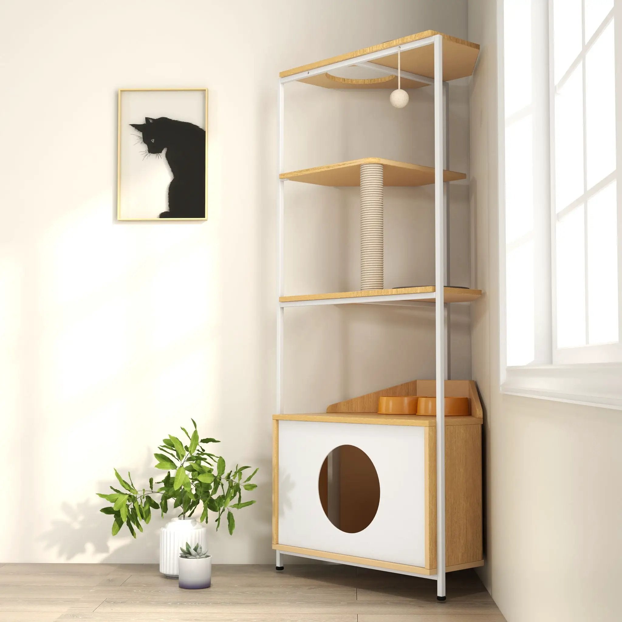 Corner Cat Tower, Cat Tree With Scratching Post, Cat Condo With Feeding Station And Climbing Platforms, Pet Furniture For Indoor Cats - White / Light Oak by HouseOfZazla