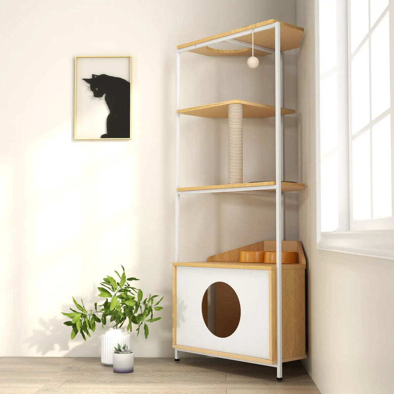 Corner Cat Tower, Cat Tree With Scratching Post, Cat Condo With Feeding Station And Climbing Platforms, Pet Furniture For Indoor Cats - White / Light Oak by HouseOfZazla