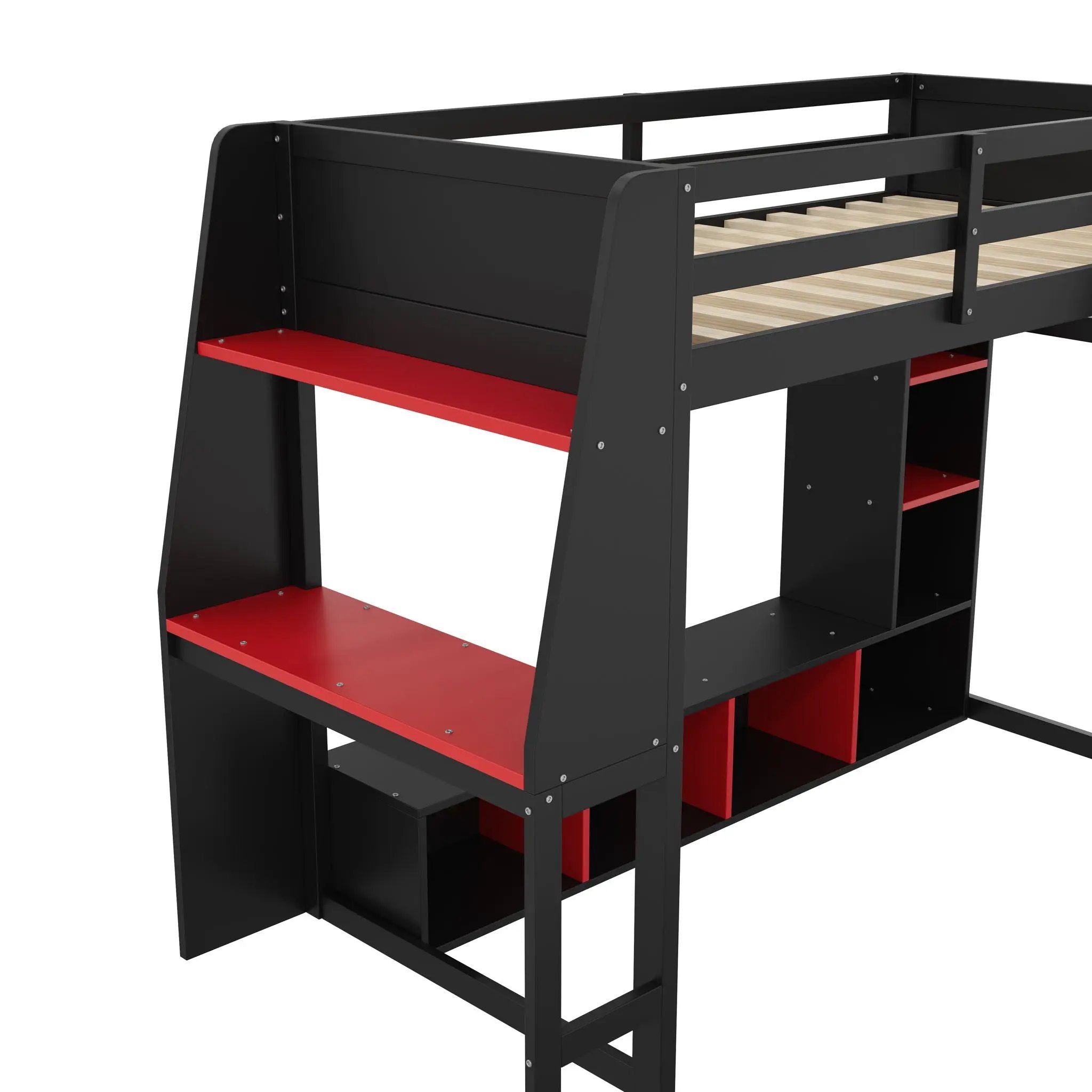 Gaming Loft Bed With Desk, Multi Storage Shelves, LED Lighting, And Hanging Clothes Rack by HouseOfZazla