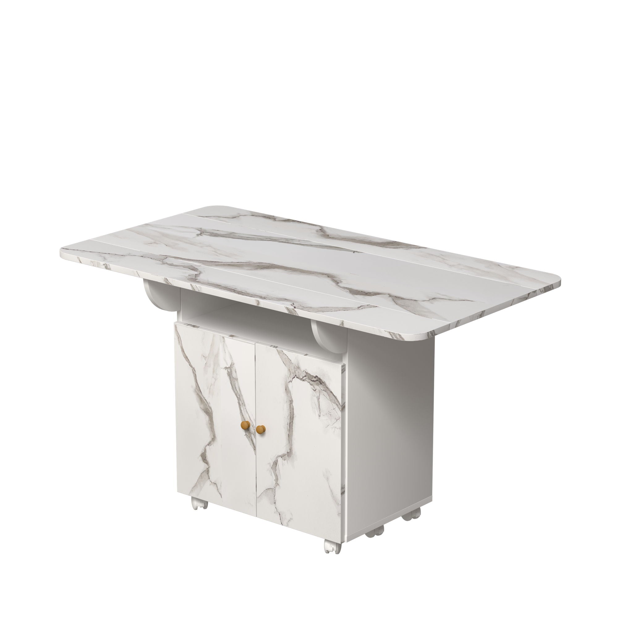 Versatile Marble Folding Dining Table With Storage Rack And Cabinet, 6 Wheels - White by HouseOfZazla