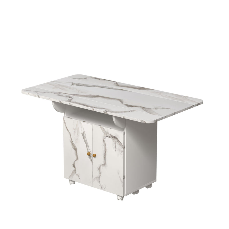 Versatile Marble Folding Dining Table With Storage Rack And Cabinet, 6 Wheels - White by HouseOfZazla