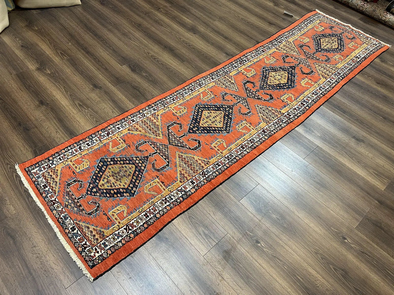 Rare Persian Tribal Runner Rug 3 x 11, Sarab Serab Persian Runner, Antique 1920s Collectible Geometric Medallions Oriental Wool Runner, Hand Knotted, Bright Orange-Red by Jewel Rugs
