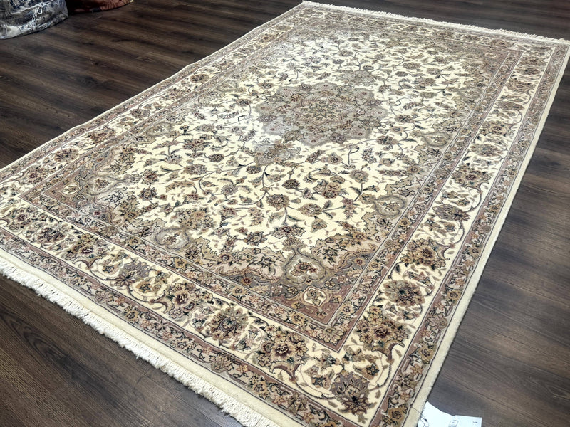 Sino Persian Rug 6x9, Floral Medallion, Ivory & Taupe, Wool with Silk Highlights, Fine 210 KPSI by Jewel Rugs
