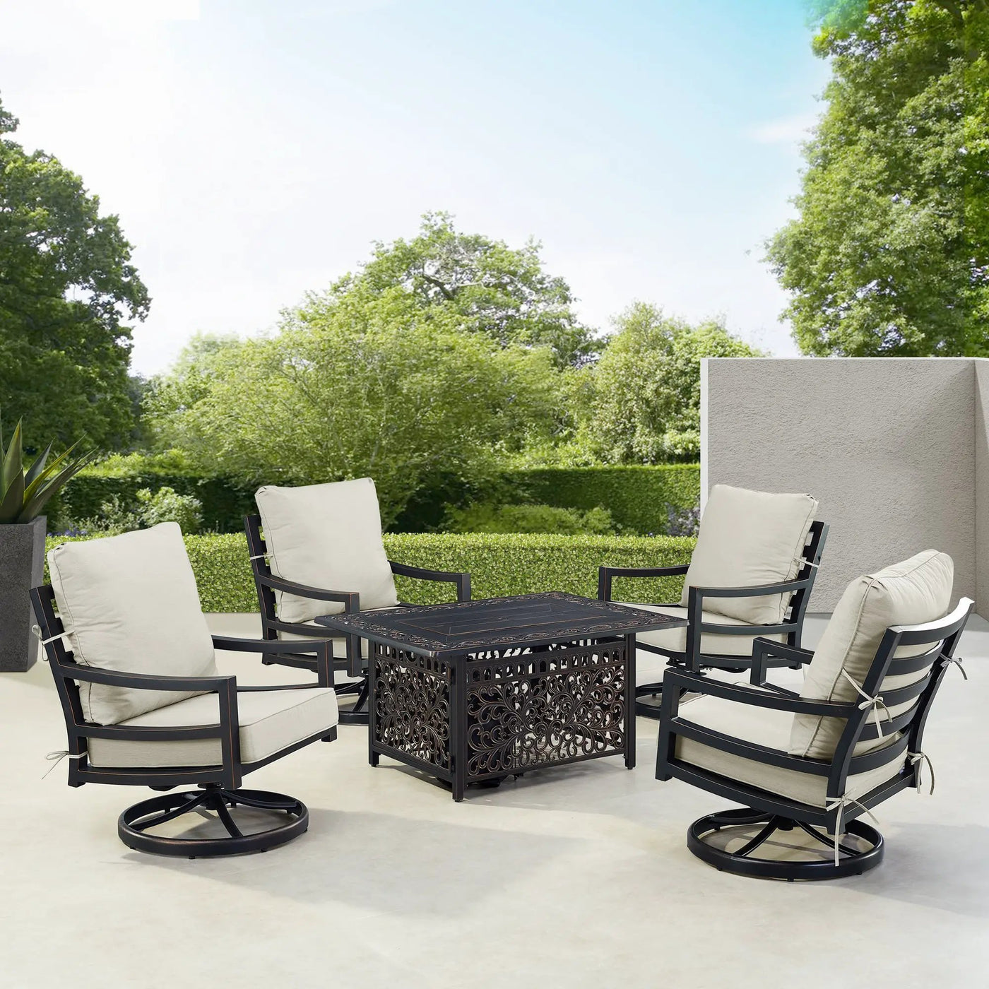 Black Aluminum Fire Table Set with Four Club Chairs by Sharicks
