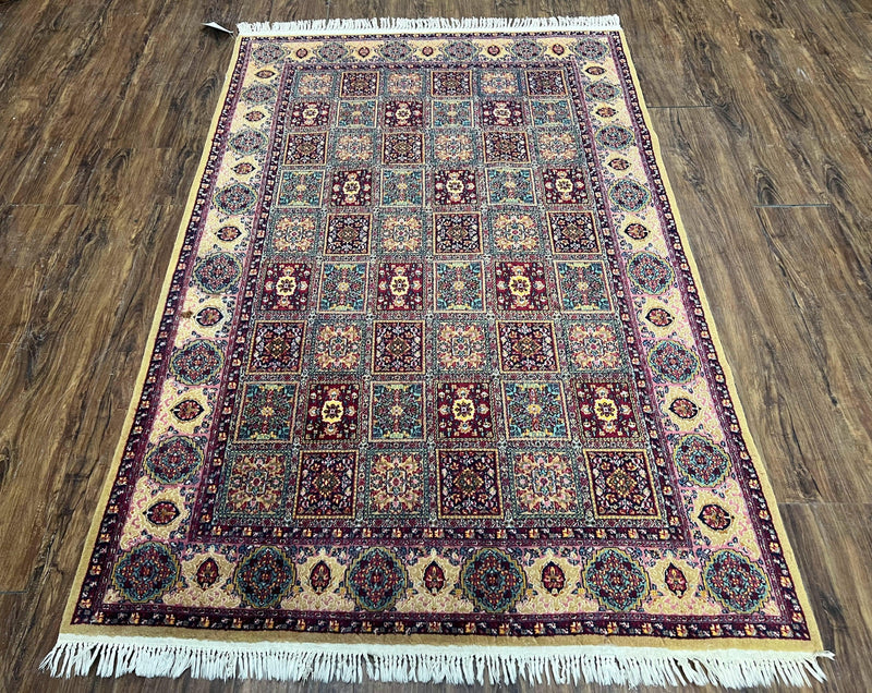 Indo Persian Silk Rug 4x6, Panel Design, Small Flowers, Hand Knotted, Fine Weave, Oriental Carpet 4 x 6, Vintage Area Rug, Beautiful Rug by Jewel Rugs