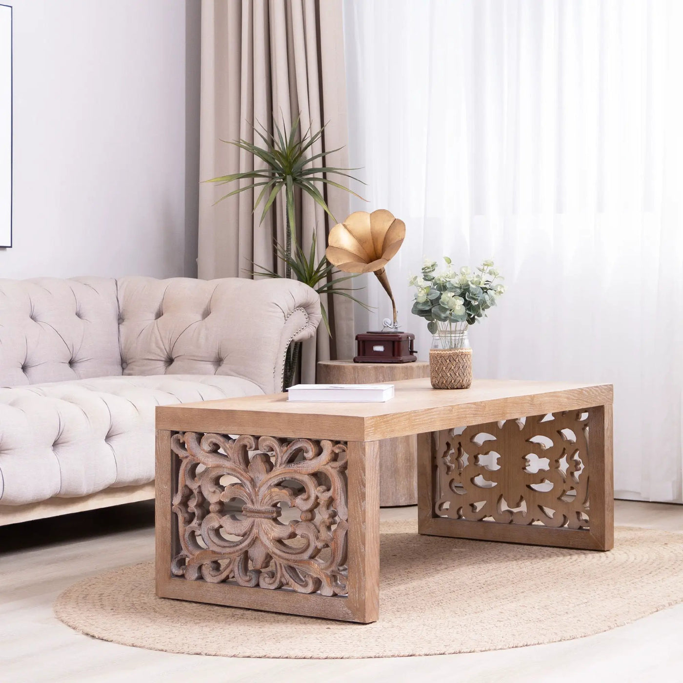 Rustic Carved Wood Coffee Table, Handcrafted Look With Ornate Side Panels by HouseOfZazla