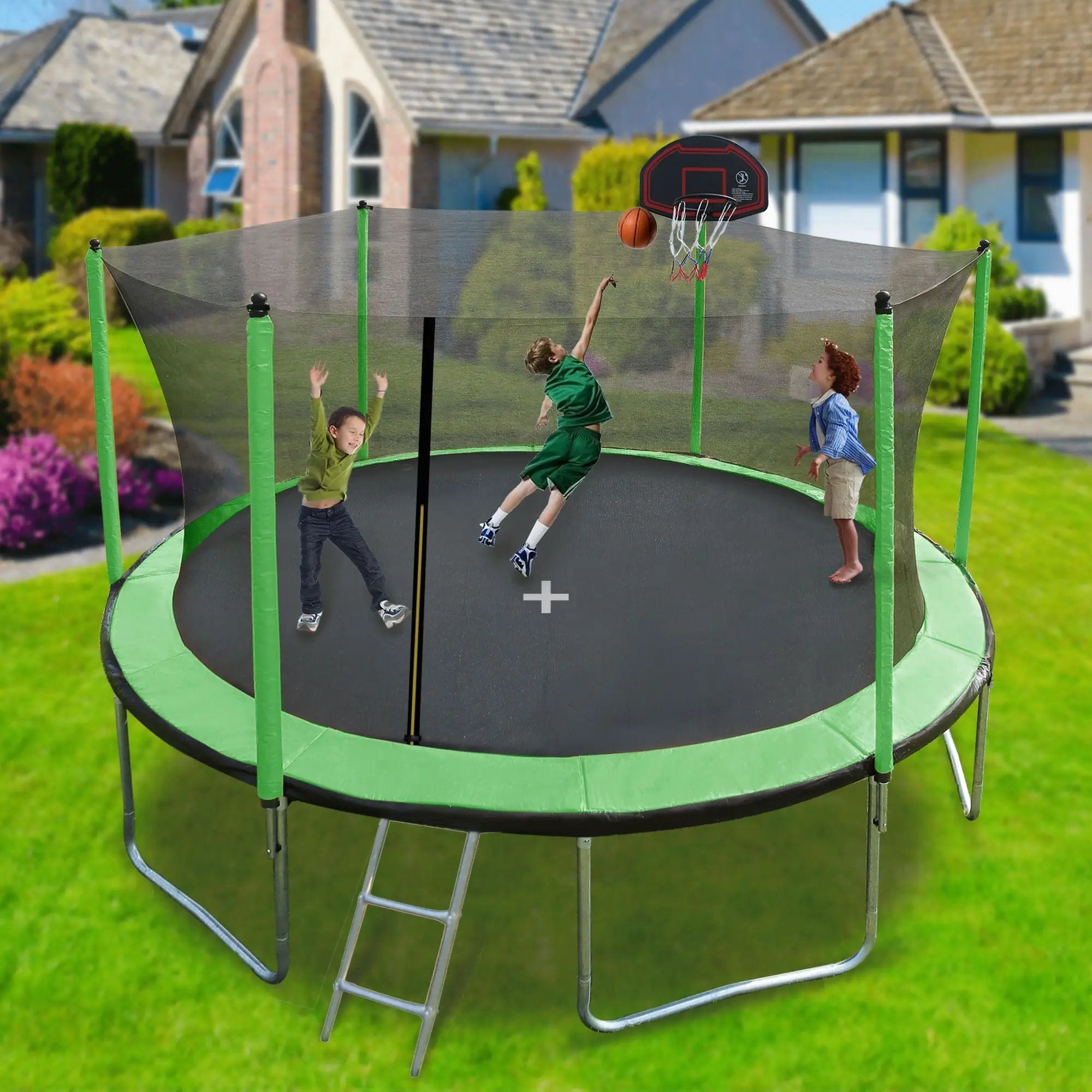 15Ft Trampoline With Basketball Hoop Inflator And Ladder (Inner Safety Enclosure) by HouseOfZazla