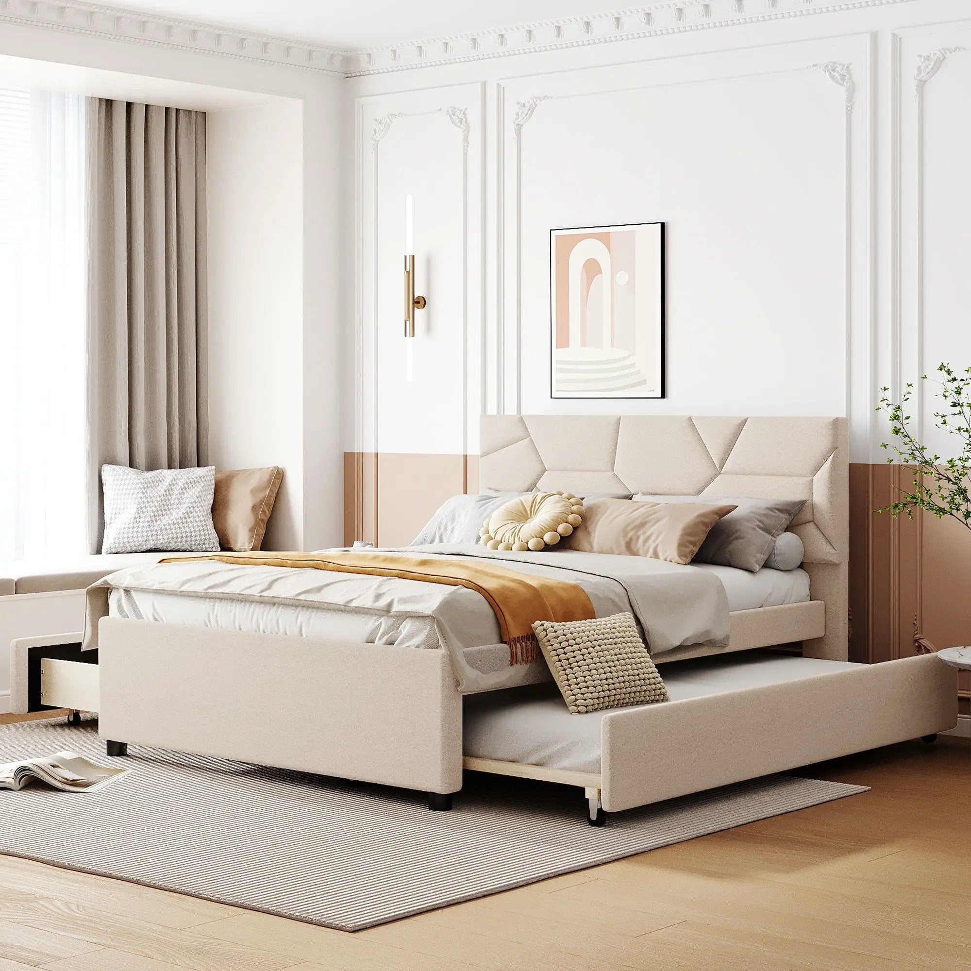 Upholstered Platform Bed With Brick Pattern Headboard And Twin Long Size Trundle by HouseOfZazla