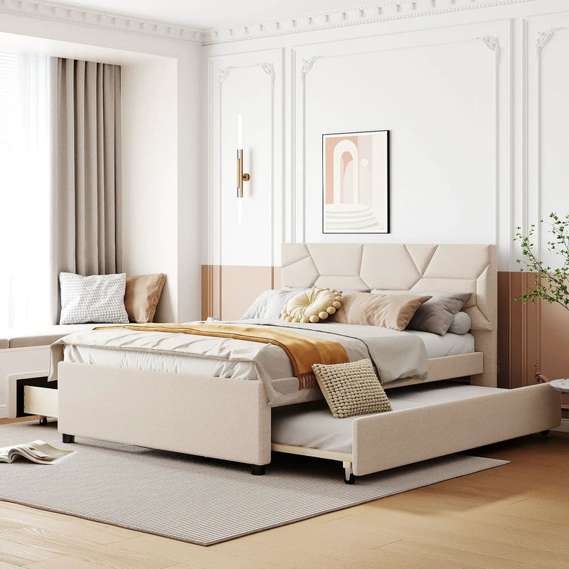 Upholstered Platform Bed With Brick Pattern Headboard And Twin Long Size Trundle by HouseOfZazla
