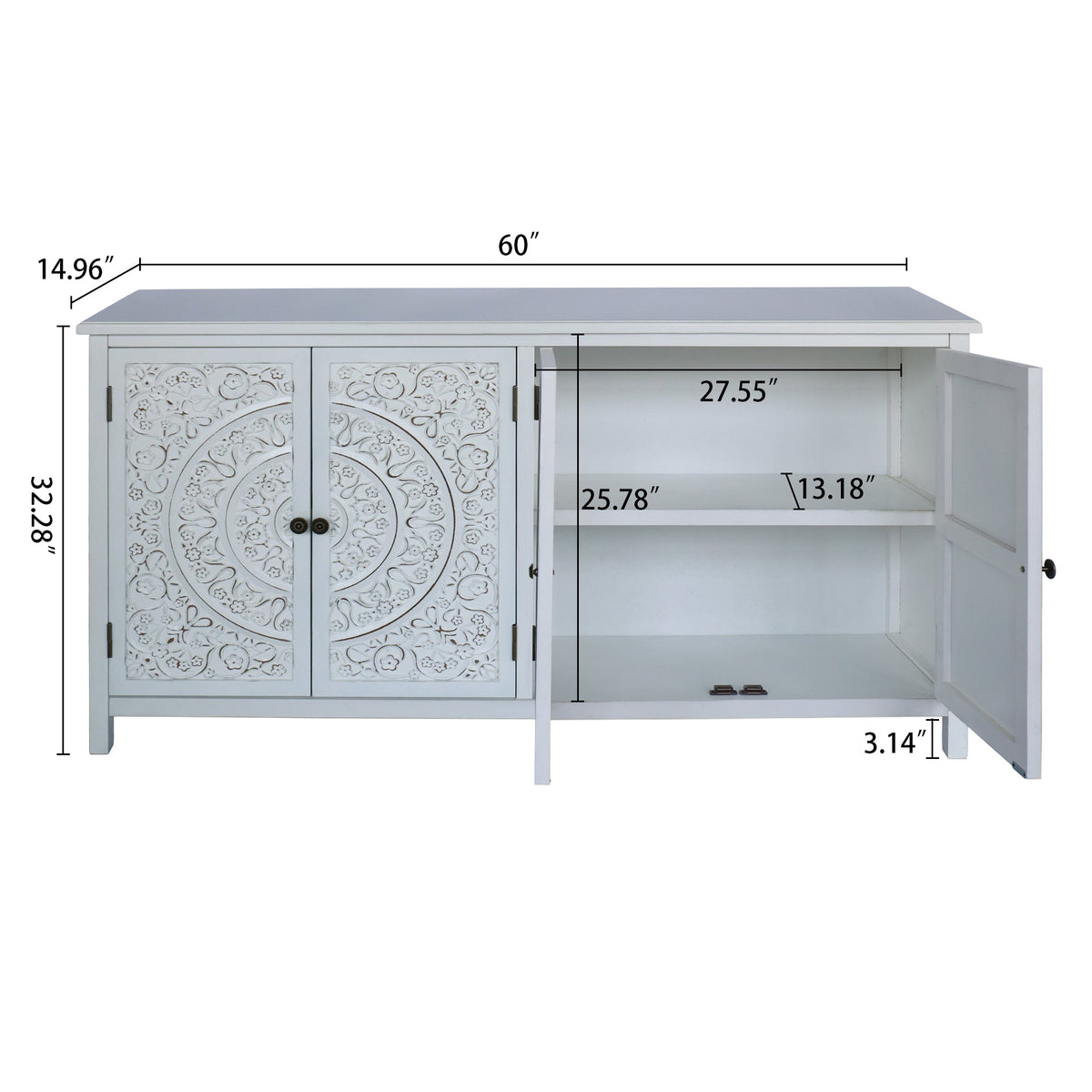 60" White Accent Cabinet with 4 Doors - Rustic Wood Sideboard for Home Organization, photo 6 of 10