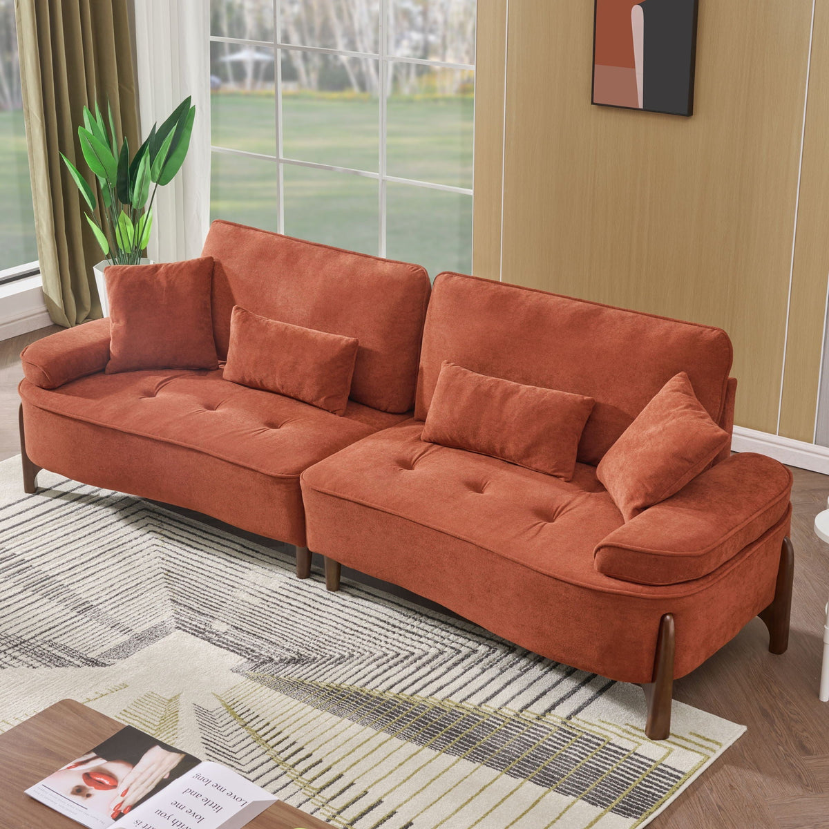 Deep Seated Fabric Stationary Sofa with Plush Pillows - Beige, Green, or Red, photo 11 of 12