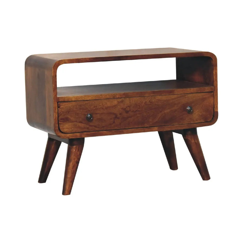 Solid Wood Mini Curved Media Unit, Chestnut, 1-Drawer, 1 Open Slot by HouseOfZazla
