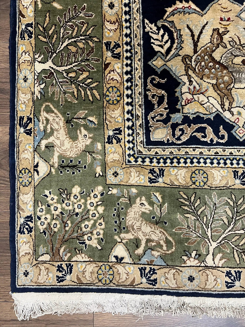 Wonderful Persian Qum Rug 6x9, Animal Pictorials, Tree of Life, Deer Birds, Hand Knotted Oriental Ghom Carpet, Semi Antique Vintage, Navy Blue Green by Jewel Rugs