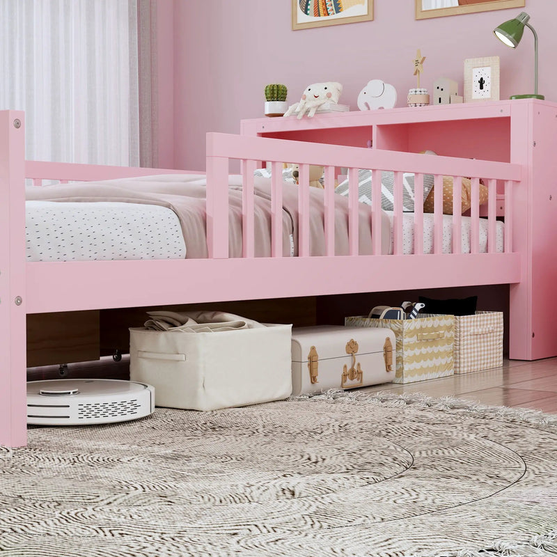 Bed With Headboard Storage Rack, 2 Under Bed Drawers, 3 Side Guardrails For Safety by HouseOfZazla