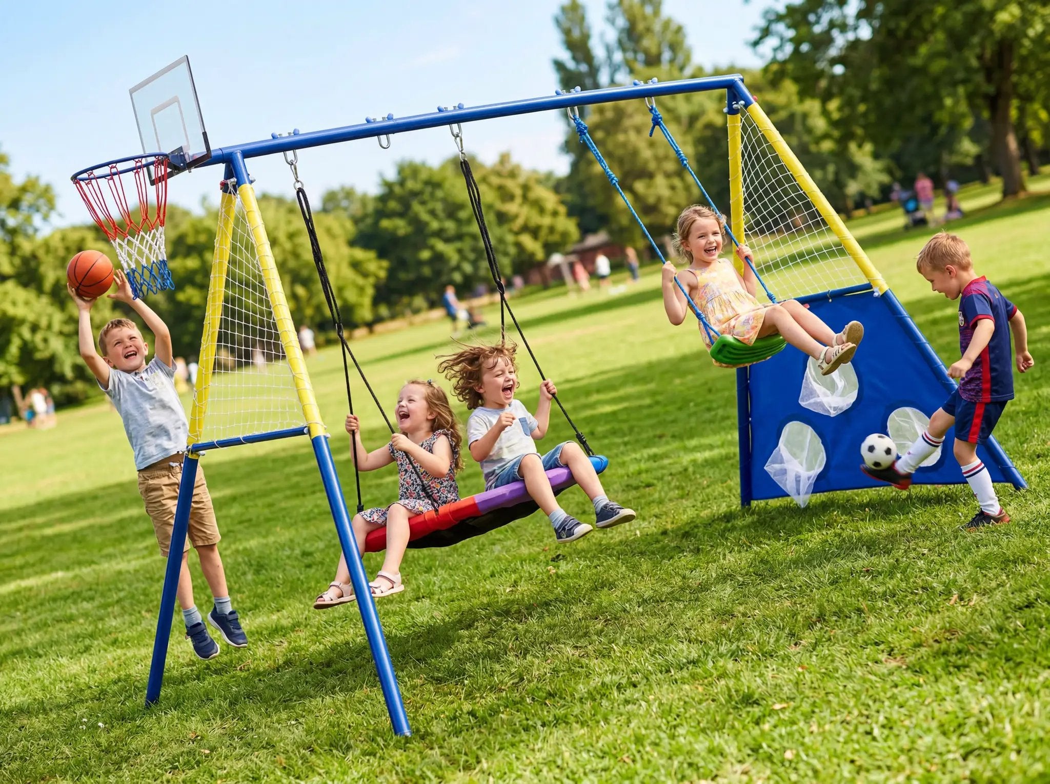 5-in-1 Kids Swing Set with Saucer Swing, Belt Swing, Basketball Hoop & Soccer Goal by HouseOfZazla
