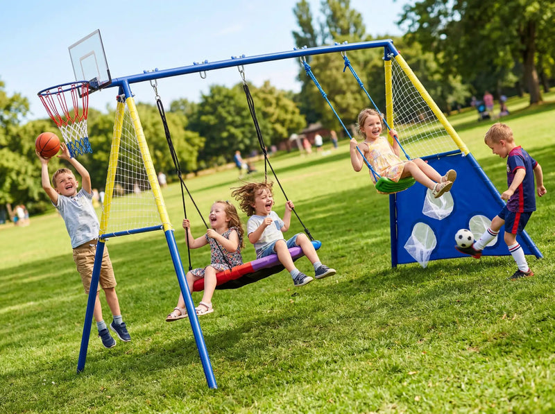 5-in-1 Kids Swing Set with Saucer Swing, Belt Swing, Basketball Hoop & Soccer Goal by HouseOfZazla