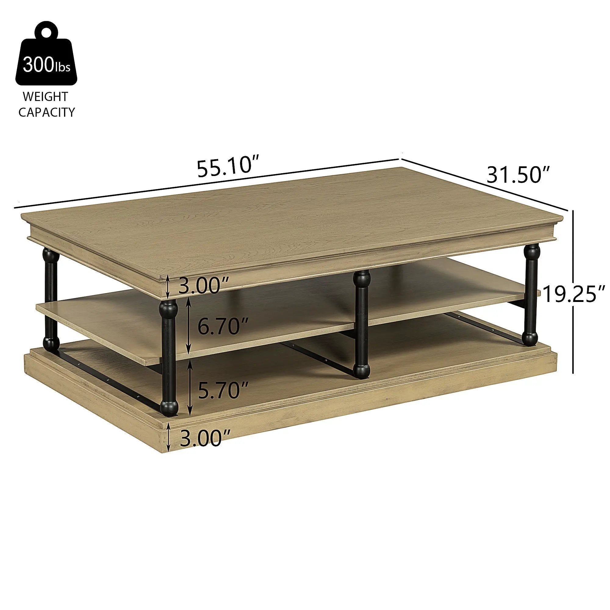 55.1' Wood Coffee Table with Black Legs and Open Storage Shelves by HouseOfZazla