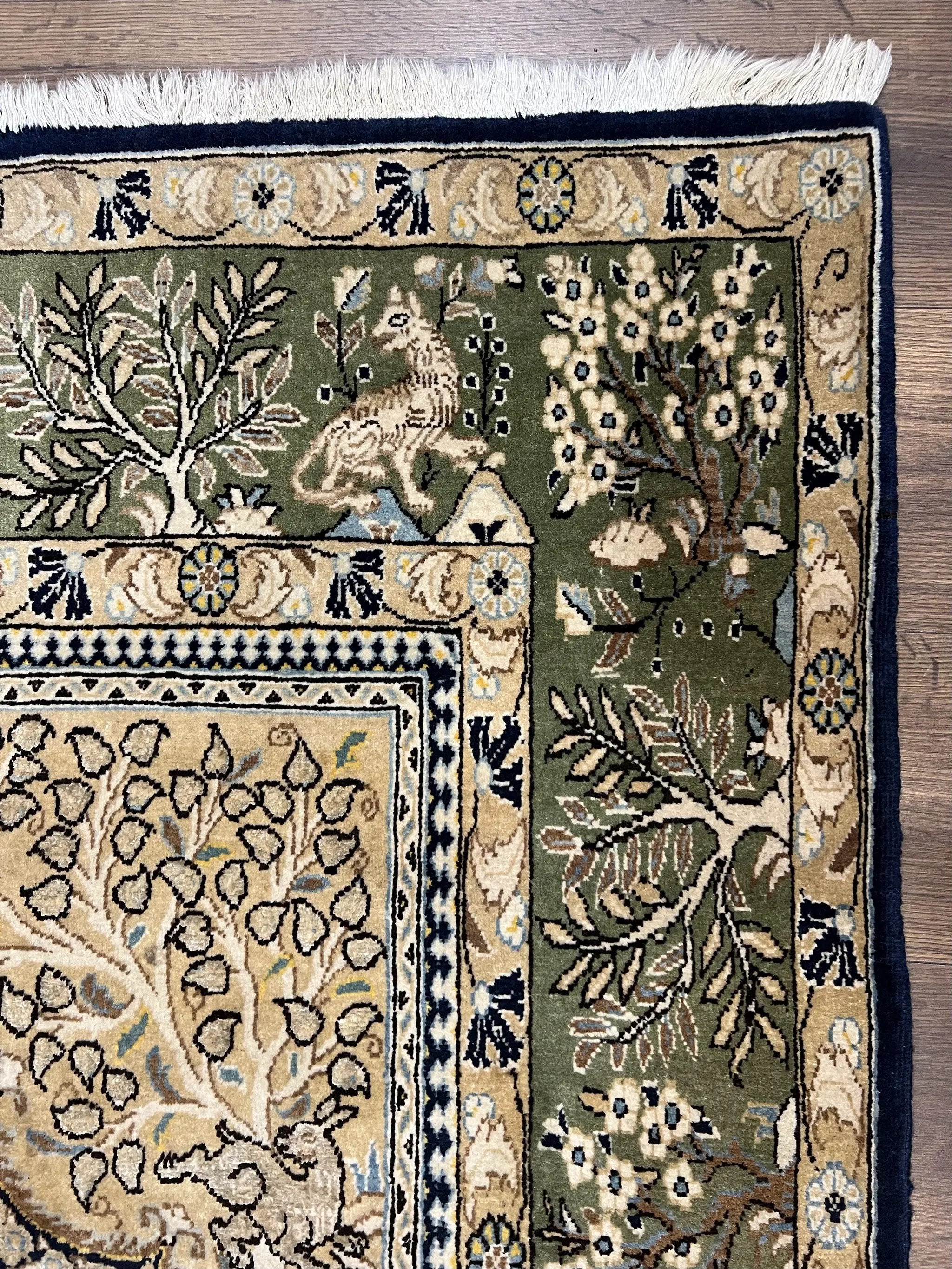 Wonderful Persian Qum Rug 6x9, Animal Pictorials, Tree of Life, Deer Birds, Hand Knotted Oriental Ghom Carpet, Semi Antique Vintage, Navy Blue Green by Jewel Rugs