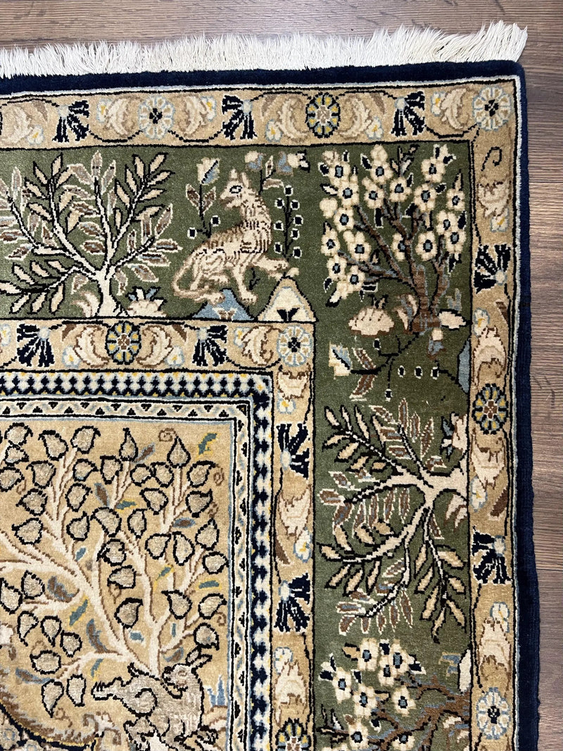 Wonderful Persian Qum Rug 6x9, Animal Pictorials, Tree of Life, Deer Birds, Hand Knotted Oriental Ghom Carpet, Semi Antique Vintage, Navy Blue Green by Jewel Rugs