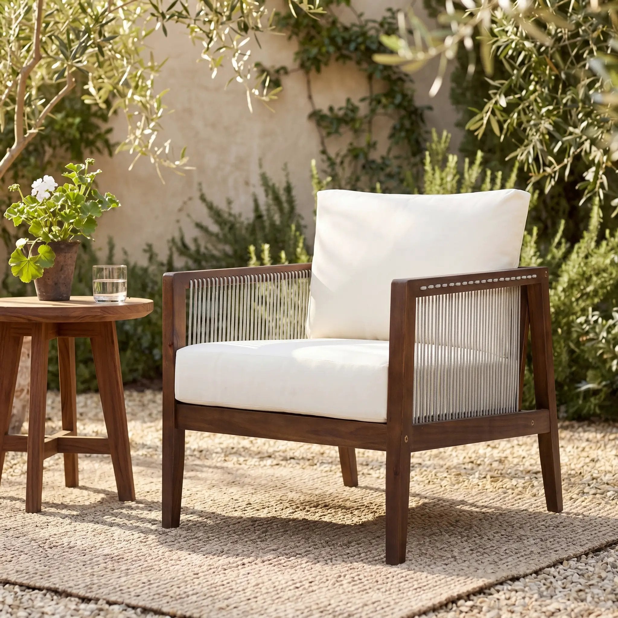 Outdoor Club Chair, Acacia Wood Frame with Rope Back, Water-Repellent by HouseOfZazla