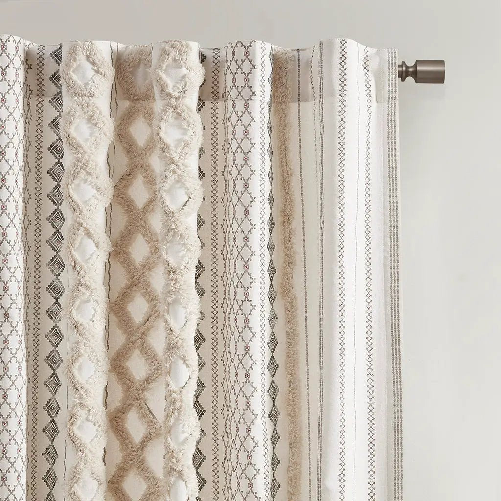 Cotton Printed Curtain Panel with Chenille Stripe and Lining Ivory 50x95 by HouseOfZazla