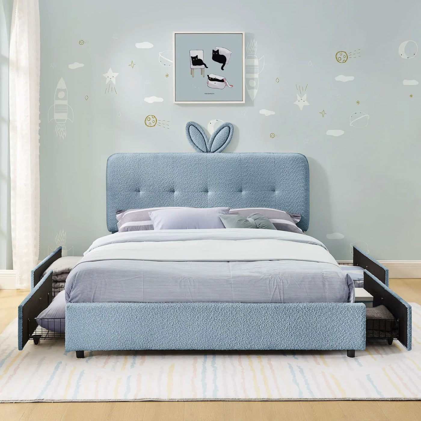 Upholstered Bed With Oversized Rabbit Ear Headboard, LED Lights & 4 Storage Drawers by HouseOfZazla