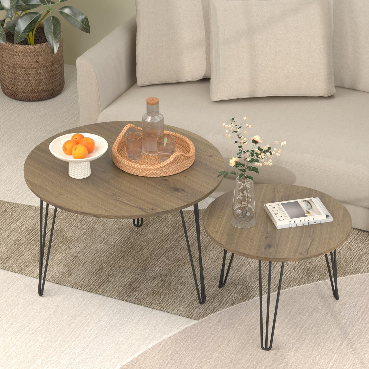 Rustic Round Nesting Coffee Table Set of 2 with Metal Frame - White, Black, Light Brown, photo 12 of 12