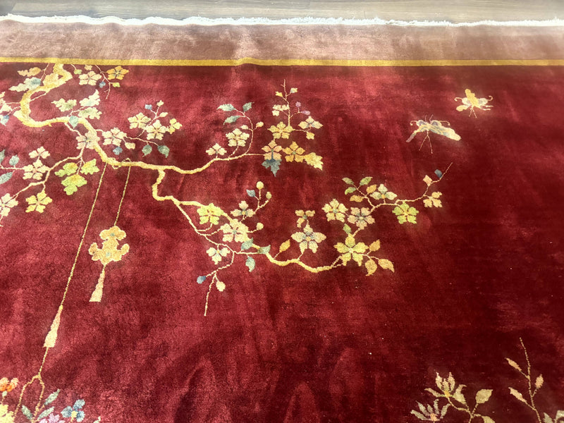 Red Chinese Art Deco Rug 9x11, Simple Design, Wool Chinese Area Rug, Antique by Jewel Rugs
