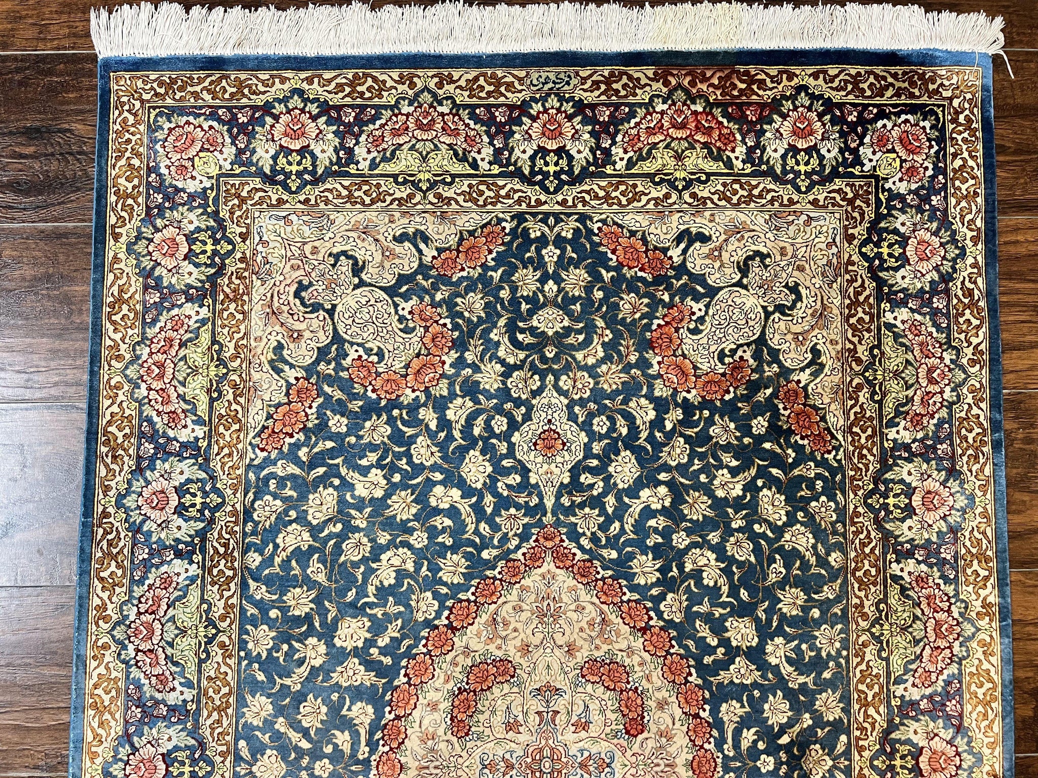 Magnificent Persian Qum Silk Rug 3x5, Blue, Super Fine 675 KPSI - 70 Raj, Floral Roses, Handmade Vintage Silk Carpet, Masterpiece by Jewel Rugs