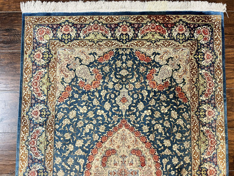 Magnificent Persian Qum Silk Rug 3x5, Blue, Super Fine 675 KPSI - 70 Raj, Floral Roses, Handmade Vintage Silk Carpet, Masterpiece by Jewel Rugs